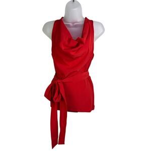 Ann Taylor‎ Top Wns Sz 2 Cowl Neck Red Sleeveless Tie Waist Classic
